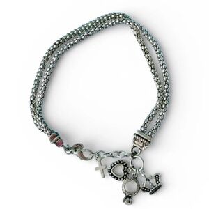 Premier Designs Silver Tone Multi-Strand Charm Bracelet with Cross & Heart